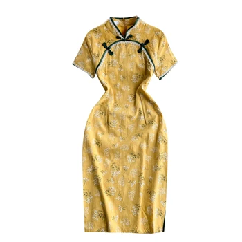 Новое летнее Женское Облегающее платье с коротким рукавом в винтажном китайском стиле с цветочным принтом, с разрезным подолом, Улучшенное платье Чонсам