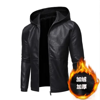 Подкладка из искусственной шерсти, куртка из искусственной кожи, мужская байкерская куртка, кожаная куртка, мужская мотоциклетная куртка, КОЖАНЫЙ капюшон, черный M-5XL