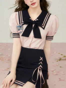 Японский сладкий комплект Kawaii из двух предметов, Женский Розовый Корейский костюм с юбкой Kawaii для вечеринки, женская блузка с пышными рукавами＋ Повседневная мини-юбка 2023